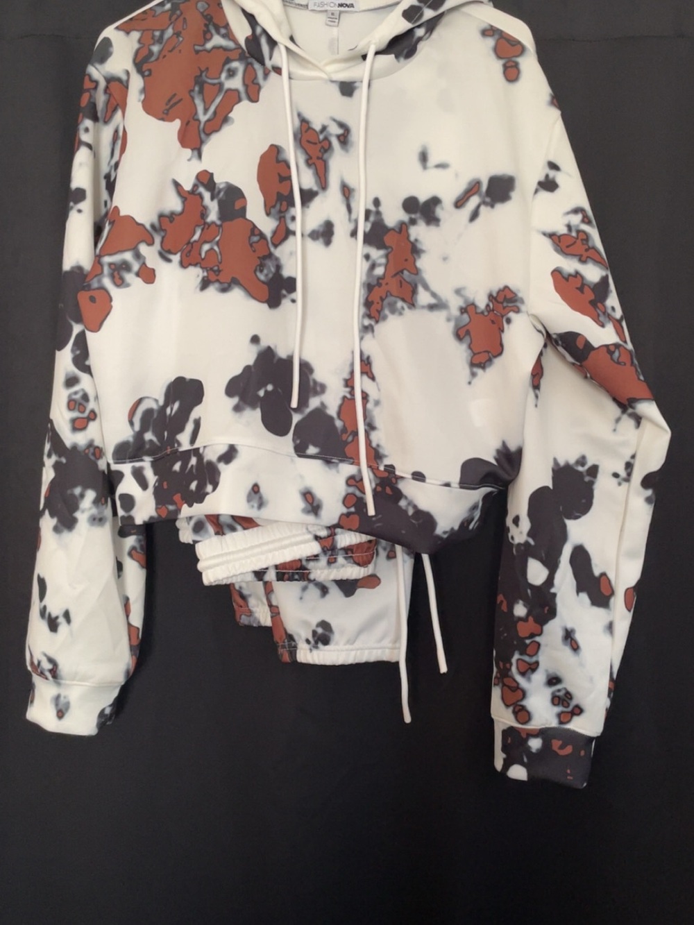 Fashion Nova Cream Hooded jogger set with Brown & Gray Abstract Splatter